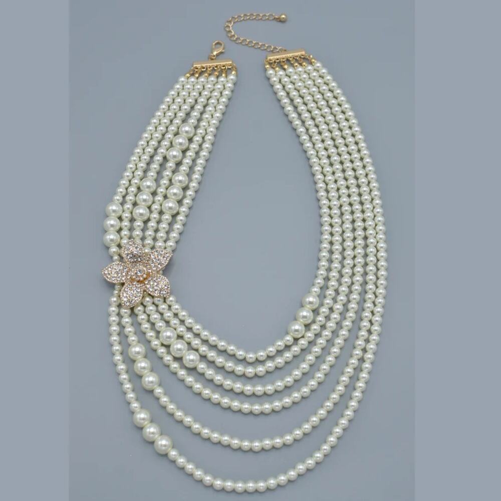 WOMEN'S FASHION STATEMENT NECKLACE & EARRING SET GOLD TONE CREAM & CRYSTALS